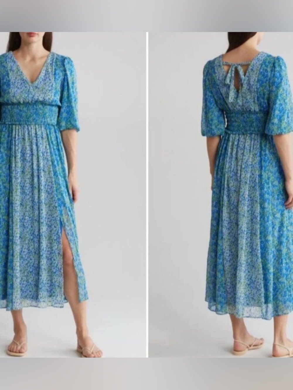 Taylor Blue Floral V‑Neck Smocked Waist Midi Dress